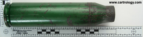 35 x 228mm Oerlikon Fired  Switzerland 35x228 DM1001 LOS PSW-1-114-X (on primer assembly) DM211. LOS OE-1-438 profile view.
