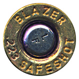 5.56 x 45mm Blank  United States BLAZER .223 SAFESHOT (on primer) LF head view.