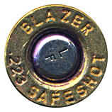 5.56 x 45mm Blank  United States BLAZER .223 SAFESHOT (on primer) LF head view.