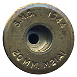 20 x 110mm HS New Unprimed Empty  United States S.M.C. 1944 20MM. M21A1 head view.