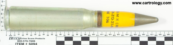 20 x 110mm USN HEI MK106 United States . RNO . 1-68 . 20MM MK5.MOD.0 profile view.