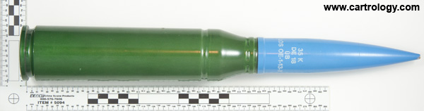 35 x 228mm Oerlikon TP DE18 Switzerland 35x228 DE1 LOS-1-44-X (on primer assembly) DE 11 LOS OE-1-413 profile view.