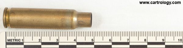 7.62mm pre-NATO Intermediate Case New Primed Empty  United States F A 48 profile view.