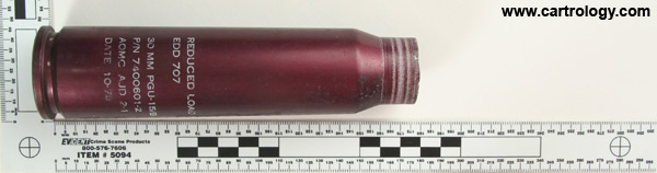 30 x 173mm GAU-8/A Fired PGU-15/B United States (white ink) IVI 2-19-75 7300310-2-H profile view.